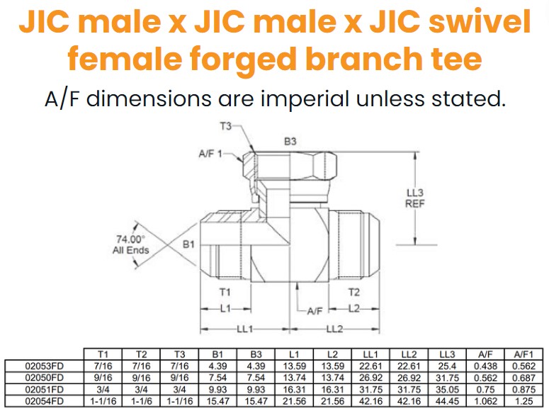 7/16 JIC M/M/F Forged Tee Hydraulic Adaptor